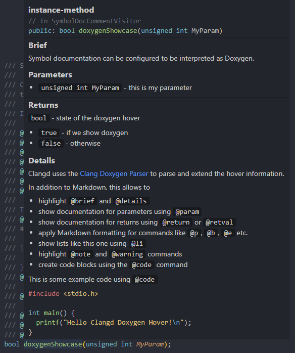 screenshot: hover doxygen